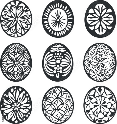 Collection of nine intricate black and white ornamental patterns with floral and geometric designs.