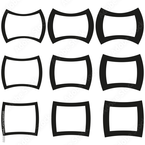 Rectangle icon pack. Concave shape forms. Curved border symbols. Vector black outlines.