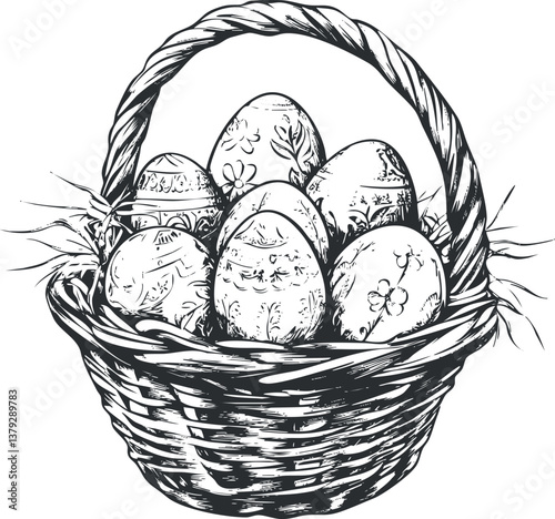 Black and white illustration of a decorative basket filled with intricately patterned Easter eggs.