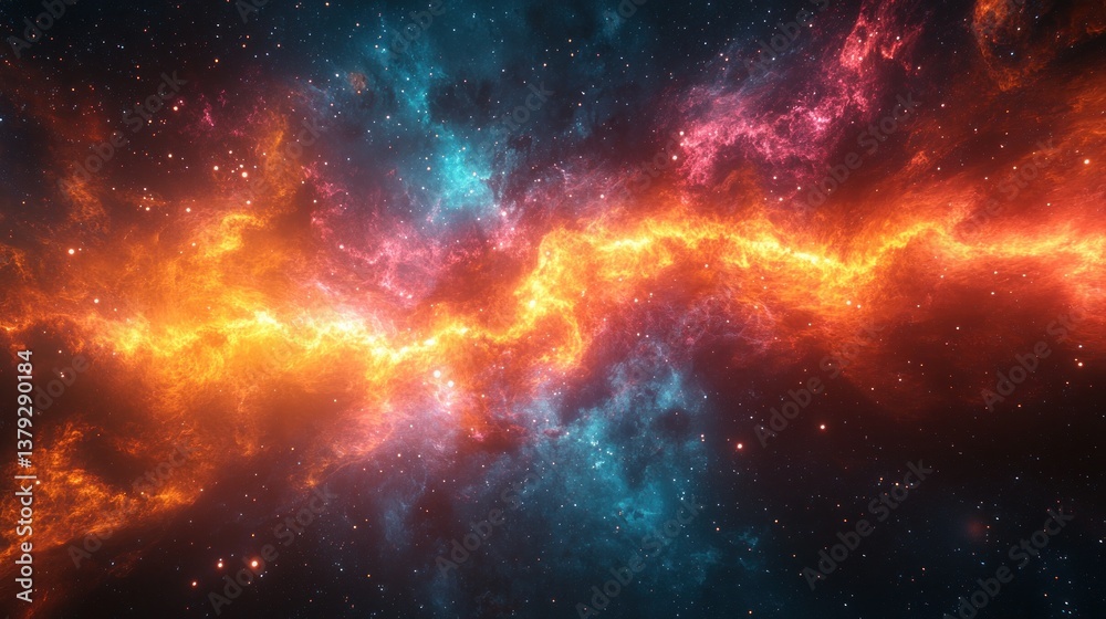 Fototapeta premium Cosmic Explosion of Multicolored Lights with Radiant Energy Beams in Dark Space