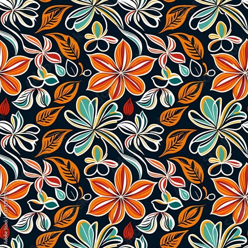 A pattern of colorful flowers and leaves on a dark background.