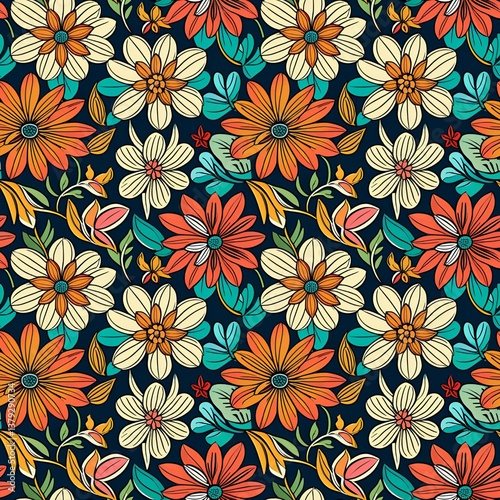 A pattern of colorful flowers on a dark blue background.
