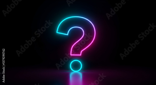 Glowing Question Mark Symbol in Neon Blue and Pink Against a Dark Reflective Background