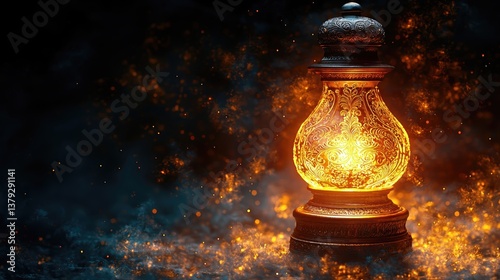 An intricately designed antique oil lamp glowing with warm golden light, surrounded by floating particles in a dark, mystical background. The atmosphere is magical and cinematic