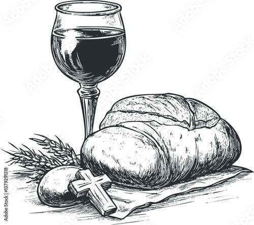 Illustration of bread and wine with a cross, symbolizing Christian communion and spirituality.
