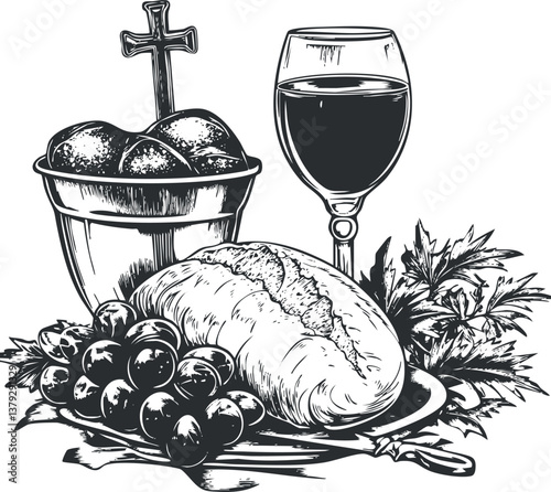 Illustration of communion elements including bread, wine, grapes, and a cross in black and white.