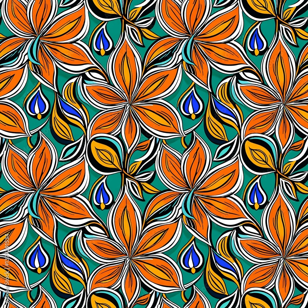 An orange and blue floral pattern on a green background. An orange and blue floral pattern on a green background.