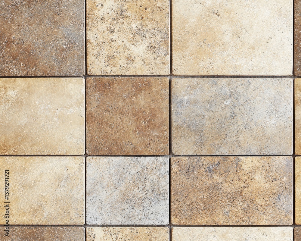 Fototapeta premium Beige and brown square tiles texture background. Close-up view of a tiled surface tile pattern