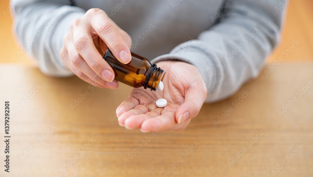 Fototapeta premium Sick ill asian young woman, girl hold tablet pill on hand pour capsule from medication bottle, painkiller medicine from stomach pain, head ache, pain for treatment, take drug or vitamin, health care.