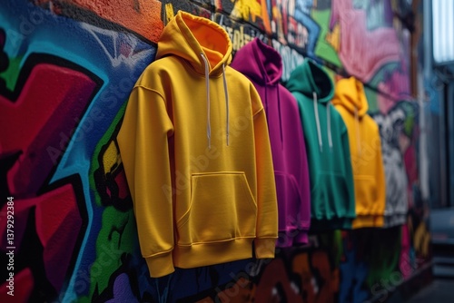 Vibrant streetwear collection with colorful hoodies and sneakers against a graffiti wall showcasing urban fashion energy