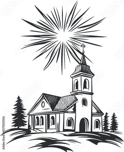 Black and white illustration of a church with fireworks in the sky, symbolizing celebration.