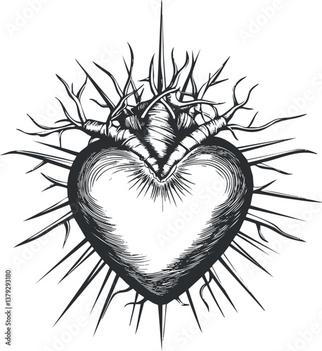Intricate black and white heart illustration with thorny details and artistic design elements.
