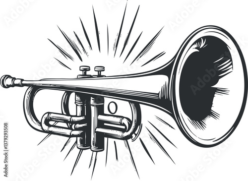 Vintage illustration of a trumpet with dynamic lines in a black and white style.
