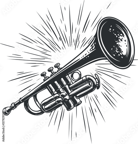 Black and white illustration of a trumpet with dynamic lines, emphasizing musical expression.