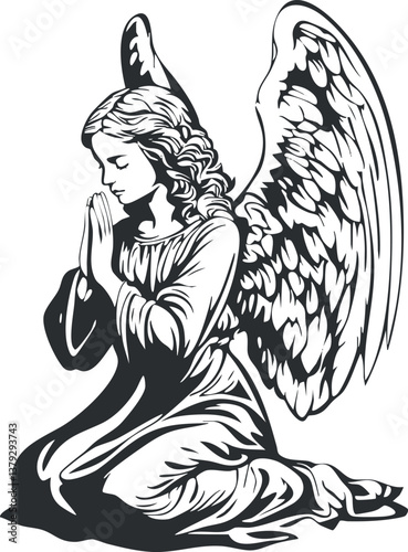 Black and white silhouette of a kneeling angel with wings, praying with serene expression.