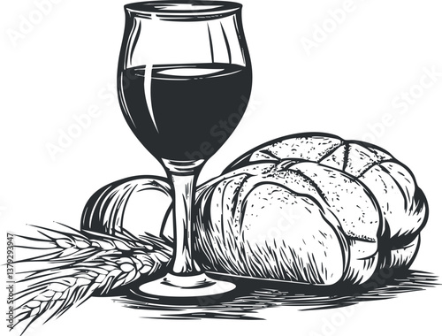 Vintage black and white illustration of a glass of wine with bread and wheat.