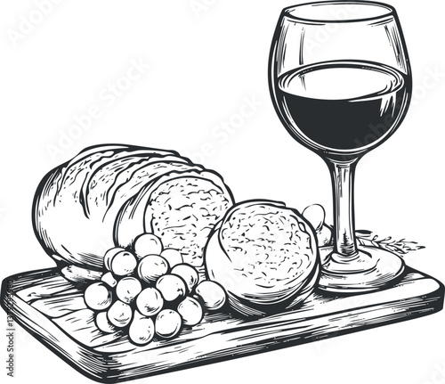 Vintage black and white sketch of wine, bread, and grapes on a cutting board.