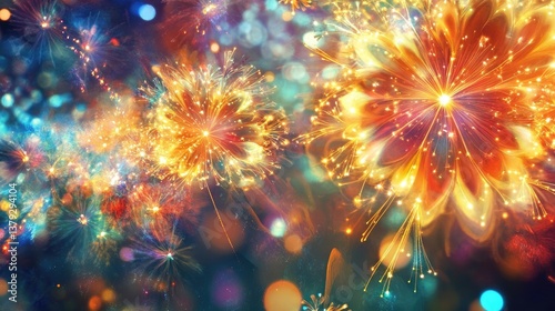 A vibrant Diwali greeting card with sparkling fireworks and bright diya lamps, set against a festive backdrop