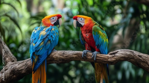 Two colorful parrots perched on branch in jungle