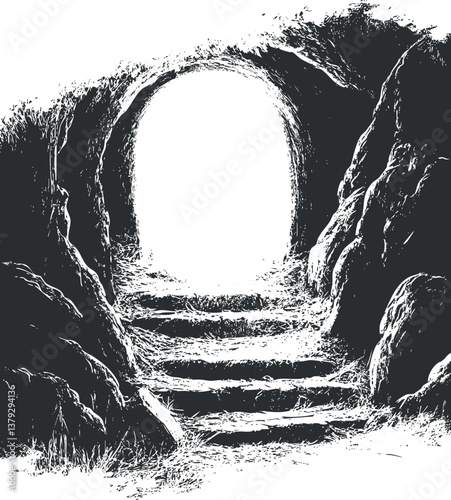 Black and white illustration of a mysterious cave entrance with stone steps leading inside.