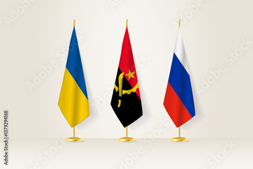 Diplomatic Meeting Representation, Ukraine, Angola and Russia Flags. Flags on Diplomatic Stands.