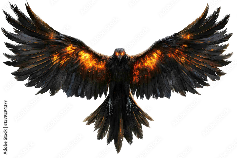 Fototapeta premium Majestic Black Bird with Flame-Like Wings Spreading Wide in Flight, Symbolizing Freedom, Power, and Mystical Beauty in Nature's Realm