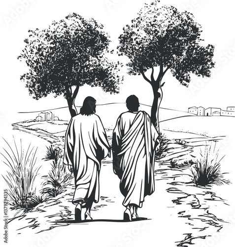 Two figures in traditional clothing walk along a rural path lined with trees, black and white.