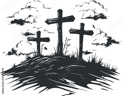 Silhouette of three crosses on a hill with clouds, symbolizing faith and spirituality.