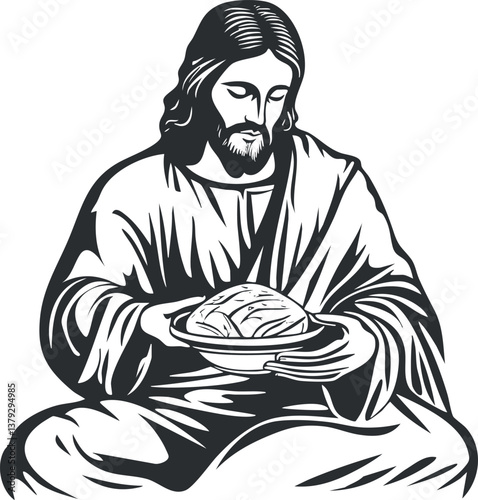 Illustration of Jesus holding bread, symbolizing faith and spirituality in Christianity.