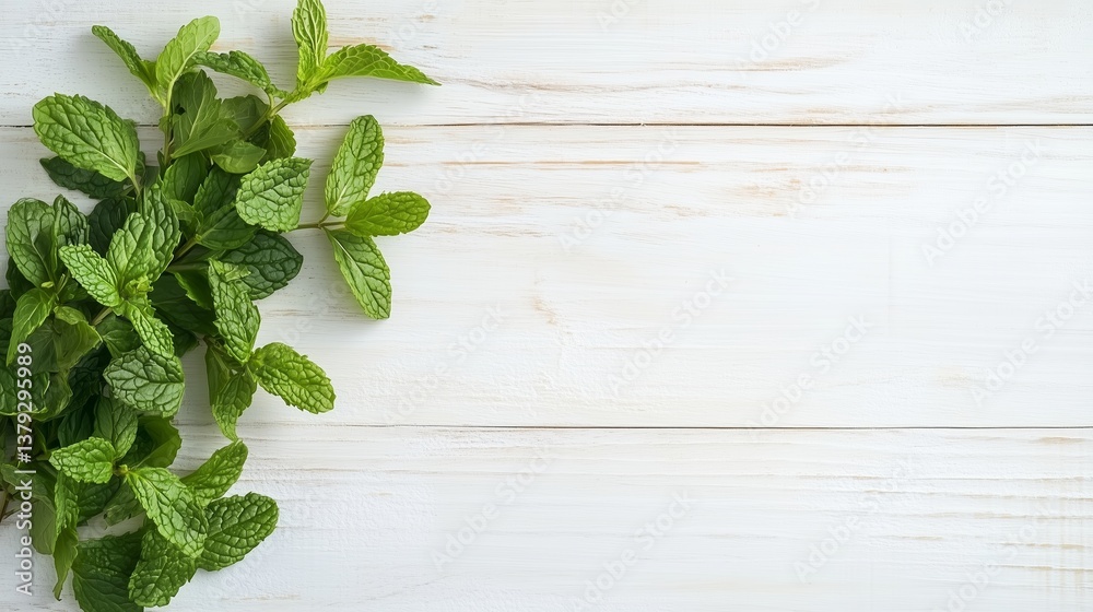 Fresh mint leaves arranged on a light wooden surface for culinary use and decoration