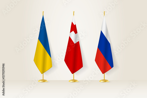 Diplomatic Meeting Representation, Ukraine, Tonga and Russia Flags. Flags on Diplomatic Stands.