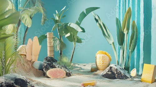 Fantasy nature diorama with pastel plants and coral