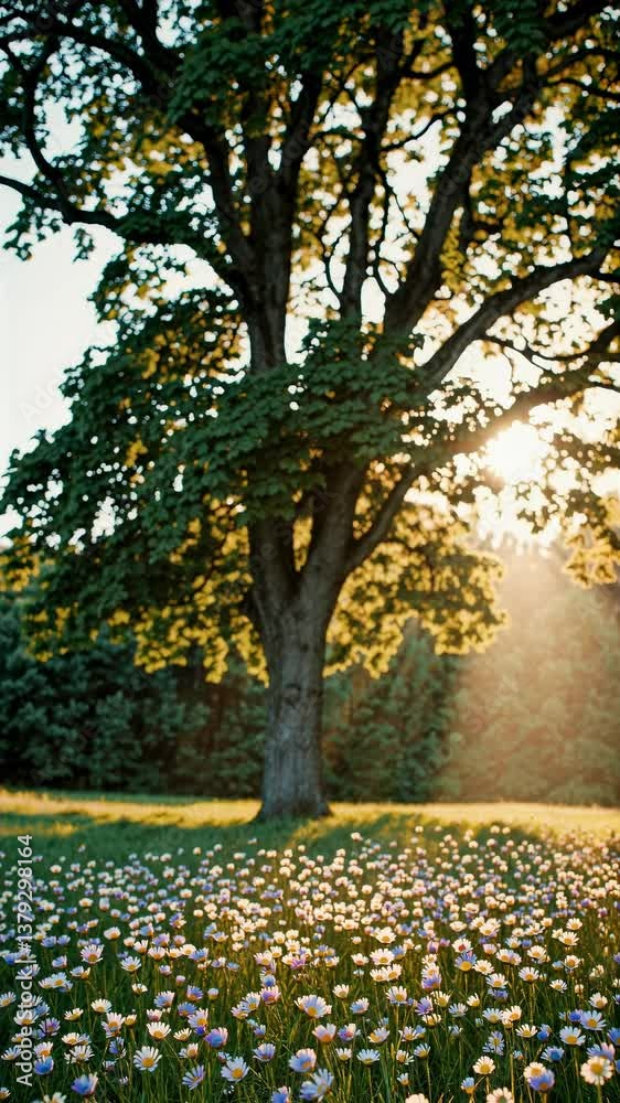 Serene video scene of a large tree in a meadow, captured at a low angle with sunlight filtering through leaves, highlighting daisies below. Live mobile wallpaper. Serene video scene of a large tree in a meadow, captured at a low angle with sunlight filtering through leaves, highlighting daisies below. Live mobile wallpaper.