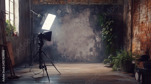 Empty industrial photo studio with lighting setup