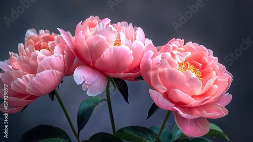 Elegant Trio of Coral Peonies: A Stunning Floral Still Life