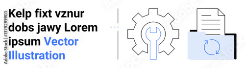 Configuration gear with wrench, document file, and rotation arrows indicate process adjustments, file updates, system synchronization. Ideal for technology, software update, automation, engineering