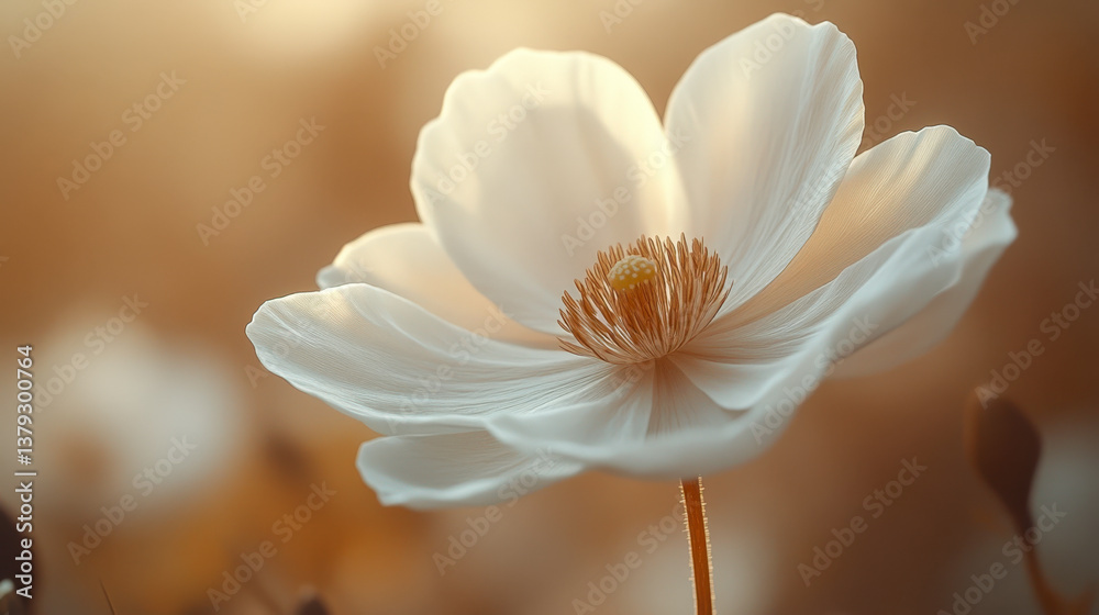 Fototapeta premium Delicate white flower blooming in soft sunlight with a blurred background during golden hour