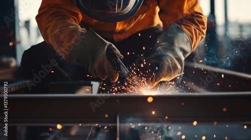 A construction worker welding a metal frame. Featuring precision and craftsmanship