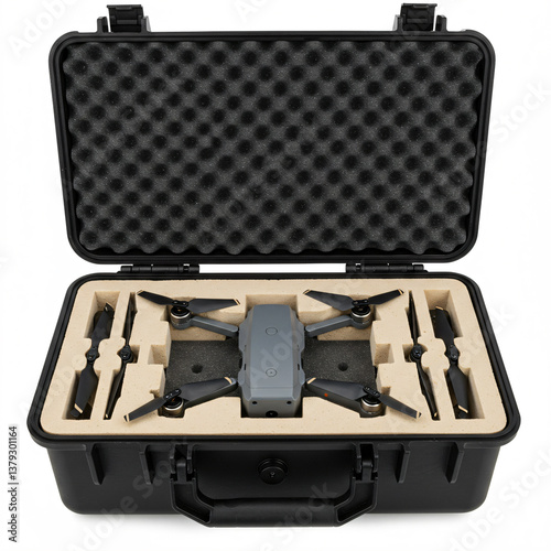 An open carrying case with foam padding holding a drone and spare propellers inside.