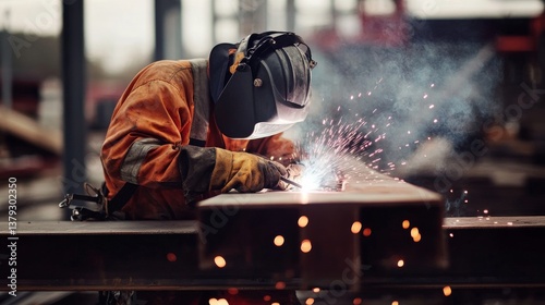 A construction worker welding metal beams. Featuring skill and craftsmanship