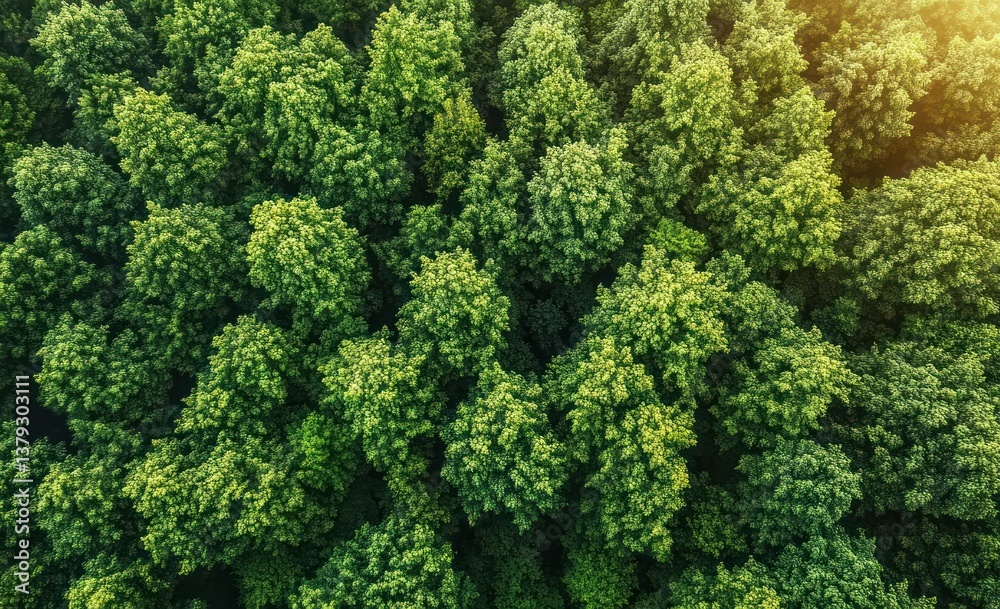 Aerial View of Lush Green Rubber Plantation Canopy on Mountain Landscape