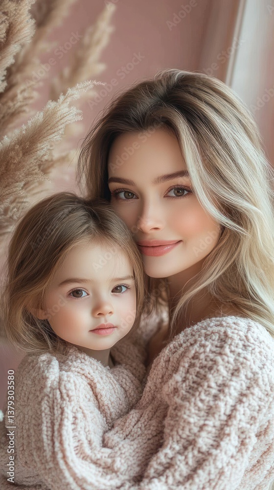 Mother and Daughter Embrace in Warm Hug Against Soft Pink Pastel Background Capturing Love Joy and Connection Mother and Daughter Embrace in Warm Hug Against Soft Pink Pastel Background Capturing Love Joy and Connection