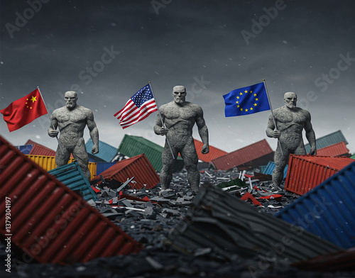 Illustration of giants holding China, European Union, and the United States flags. 