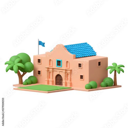 Texas historic landmark rendered in stylized 3d with vibrant color scheme