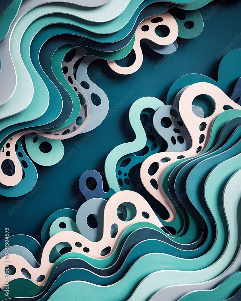 This vibrant abstract image features a dynamic interplay of teal, gray, and dark teal colors, sculpted into overlapping paper cut shapes. This vibrant abstract image features a dynamic interplay of teal, gray, and dark teal colors, sculpted into overlapping paper cut shapes.