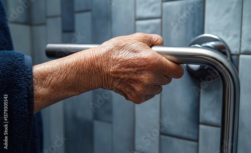 Wallpaper Mural Elderly Woman Holding Stainless Steel Grab Bar in Modern Bathroom Setting Torontodigital.ca