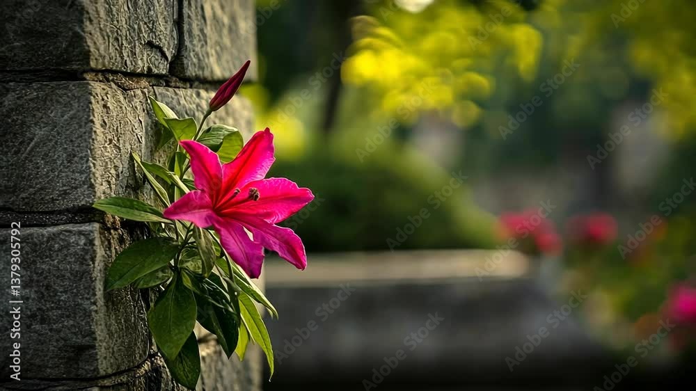 Vibrant pink flower blooms beside stone wall in a tranquil garden during golden hour