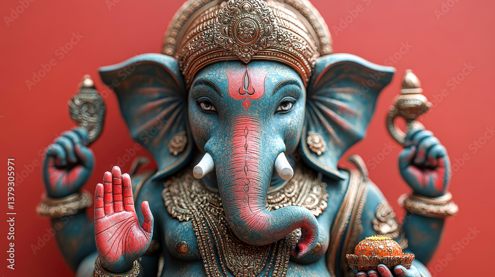 Ganesha statue shown in photorealistic style with intricate details and vibrant colors against a solid backdrop Ganesha statue shown in photorealistic style with intricate details and vibrant colors against a solid backdrop