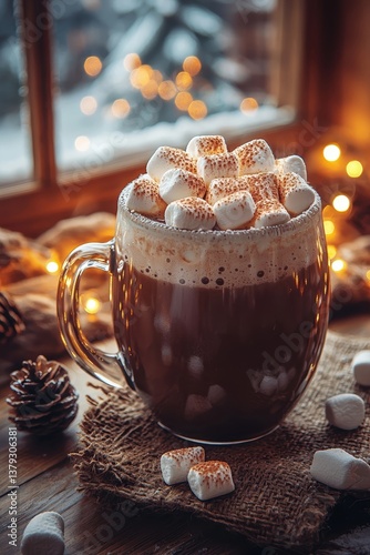 A cozy glass mug of hot cocoa topped with marshmallows, set by a rustic window with festive lights. Perfect for holiday menus, winter-themed posts, or cozy food photography