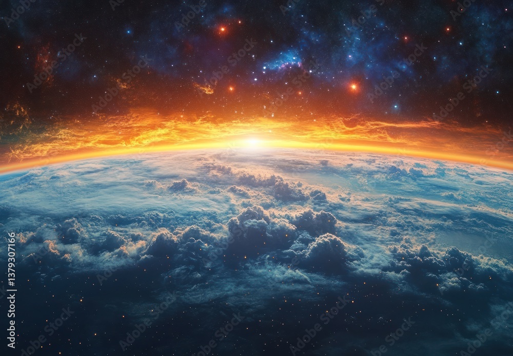 Fototapeta premium A Majestic View of Earth from Space with Clouds and Stars in the Galaxy
